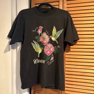 Vintage Black Graphic T-Shirt Floral Hummingbirds Bird Charleston Large
